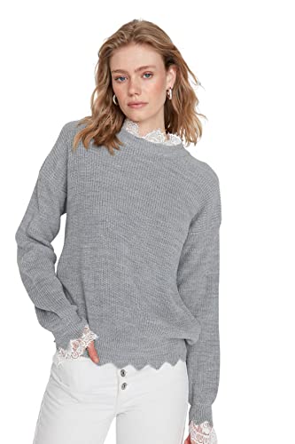 Trendyol Damen Einfarbiger Pullover mit Rundhalsausschnitt Sweatshirt, grau, Small von TRENDYOL