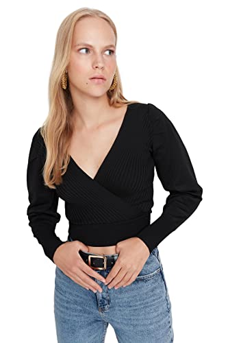 TRENDYOL Damen Einfarbiger Pullover mit V-ausschnitt Sweatshirt, Schwarz, L EU von TRENDYOL