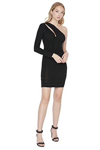 TRENDYOL Damen Figurbetont Bodycon Asymmetrischer Kragen Gestrickt Kleid, Schwarz, 36 von TRENDYOL
