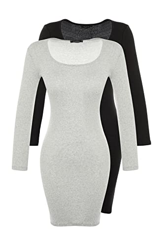 Trendyol Damen Figurbetont Bodycon Rundhalsausschnitt Gestrickt Kleid, Grau/Marineblau, S von TRENDYOL