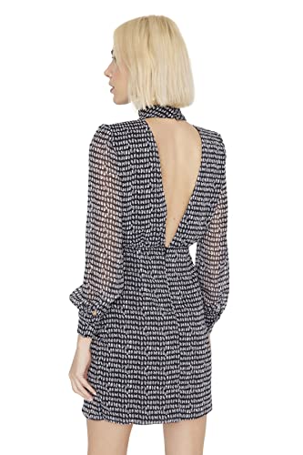 TRENDYOL Damen Woman Mini Gerüschter Saum Hochabschließender Kragen Webstoff Kleid Dress, Schwarz, 34 von TRENDYOL