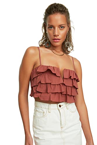 TRENDYOL Damen Frilly Crop-geweven Blouse, Brown, 36 EU von TRENDYOL