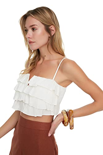 TRENDYOL Damen Frilly Crop-geweven Blouse, Weiß, 38 EU von TRENDYOL