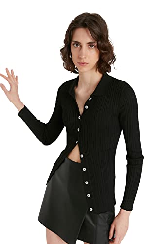 TRENDYOL Damen Gebreid vest met roze knop Pullover, Schwarz, L EU von TRENDYOL