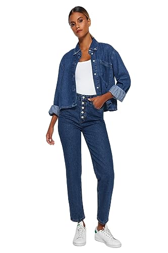 TRENDYOL Damen Gerade Mama Hohe Taille Jeans, Dark Blue, 40 von TRENDYOL