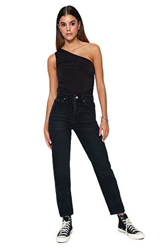 TRENDYOL Damen Gerade Mama Hohe Taille Jeans, Schwarz, 44 von TRENDYOL