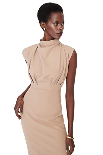 TRENDYOL Damen Gerade Midi-ärmel Tag Nacht Schlank Kleid Dress, Camel, 66 von TRENDYOL