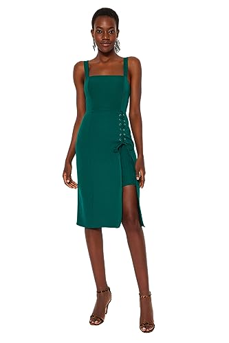 TRENDYOL Damen Gerade Midi mit Hosenträgern Tag Nacht Schlank Kleid Dress, Grün, 38 von TRENDYOL