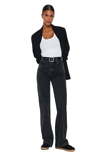 TRENDYOL Damen Gerade Weites Bein Hohe Taille Jeans, Anthracite, 32 von TRENDYOL