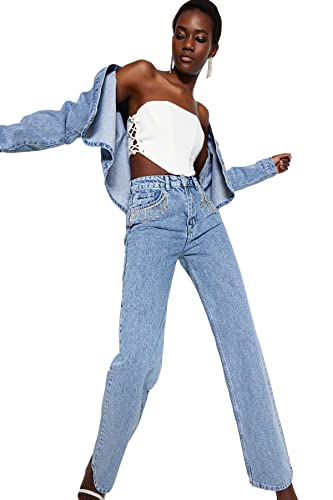 TRENDYOL Damen Gerade Weites Bein Hohe Taille Jeans, Blau, 40 von TRENDYOL