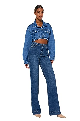 TRENDYOL Damen Gerade Weites Bein Hohe Taille Jeans, Blau, 42 von TRENDYOL