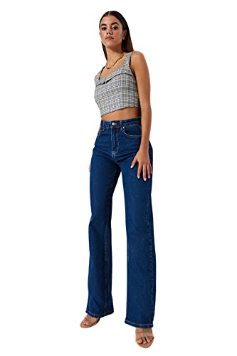 TRENDYOL Damen Gerade Weites Bein Hohe Taille Jeans, Blau, 42 TRENDYOL Damen Gerade Weites Bein Hohe Taille Jeans, Blau, 42 von TRENDYOL