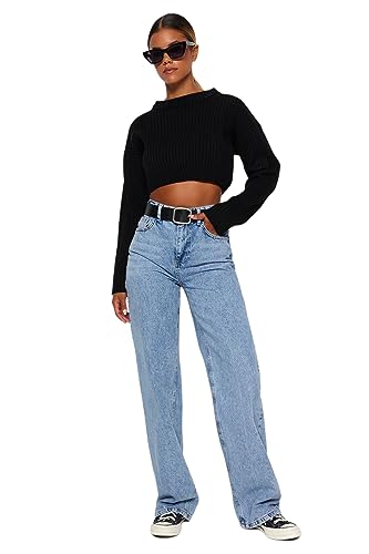 TRENDYOL Damen Gerade Weites Bein Hohe Taille Jeans, Hellblau, 40 von TRENDYOL