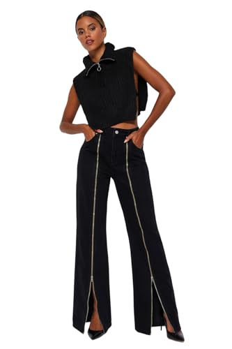TRENDYOL Damen Gerade Weites Bein Hohe Taille Jeans, Schwarz, 32 TRENDYOL Damen Gerade Weites Bein Hohe Taille Jeans, Schwarz, 32 von TRENDYOL