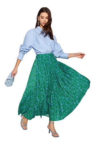 TRENDYOL Damen Green Floral Pattern Pleated Woven with Elastic Waist Tctss23ee00018 Skirt, Green-Multicolor, 42 EU von TRENDYOL