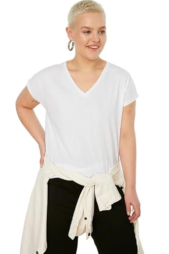 Trendyol Damen T-Shirt mit V-Ausschnitt, lockere Passform, Übergröße, weiß, 3XL von TRENDYOL