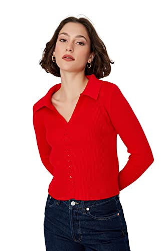 Trendyol Damen Hemdkragen, einfarbig, Regular Sweater Sweatshirt, Red, S von TRENDYOL