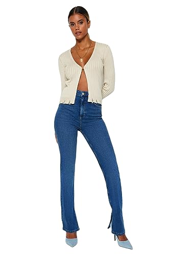 TRENDYOL Damen Herren Hoher Bund Flared Jeans, Dunkelblau, 42 von TRENDYOL