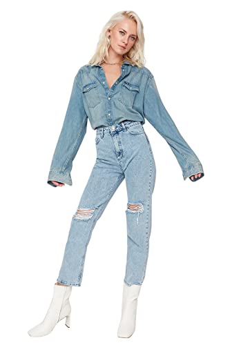 TRENDYOL Damen High Waist Straight Jeans, Blau, 40 von TRENDYOL