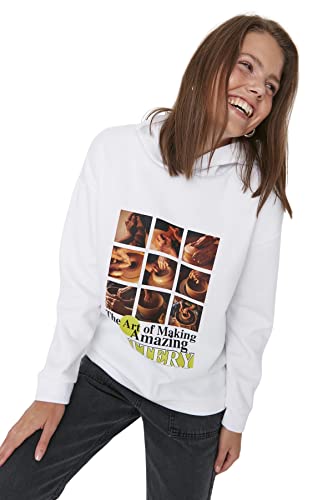TRENDYOL Damen Hood With Slogan Oversize Sweatshirt, Weiß, L EU von TRENDYOL
