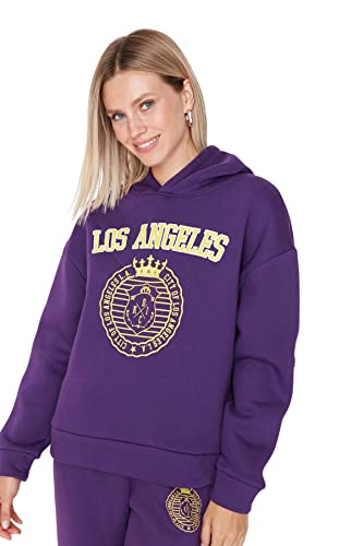 TRENDYOL Damen Hood with Slogan Slim Sweatshirt, Lila, XL von TRENDYOL