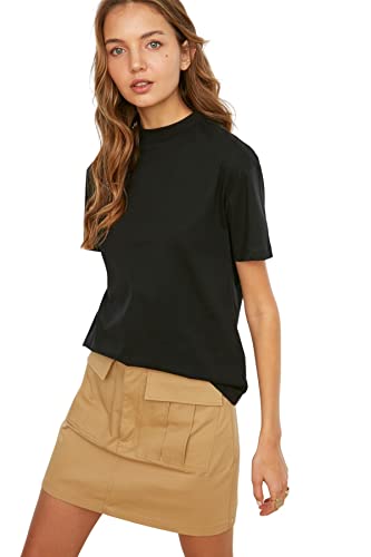 TRENDYOL Damen Knitted T-shirt With Upright Collar Hemd Weißes Standard-T-Shirt mit Rundhalsausschnitt, Schwarz, M von TRENDYOL