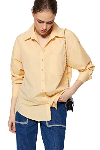 TRENDYOL Damen Basics Oversize Basic Shirt Kragen Gewebtes Hemd, Beige, 38 von TRENDYOL