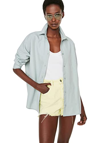 TRENDYOL Damen Kragen Gewebtes Hemd Basics Oversize Basic Hemdkragen Webhemd, Mint, 68 von TRENDYOL