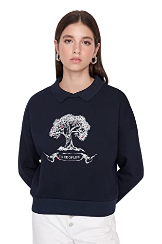 TRENDYOL Damen Kragen mit Spruch Boyfriend Sweatshirt, Marineblau, S EU von TRENDYOL