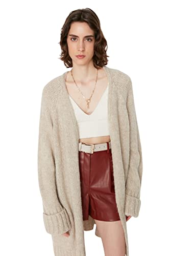 Trendyol Damen Loungewear Regular Poncho V-Ausschnitt Strickwaren Strickjacke Pullover, Stone, L von TRENDYOL