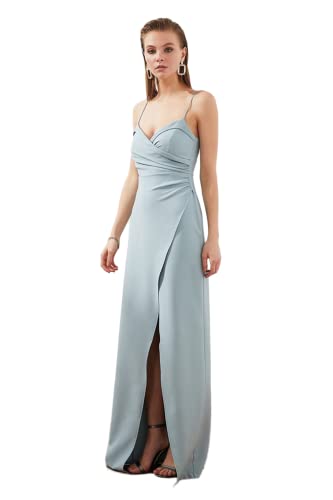 Trendyol Damen Women Wrapover Fitted Woven Evening Dress Maxi-Wickelkleid, enganliegend, gewebt, Abendkleid, Grau-Mint, 64 von TRENDYOL