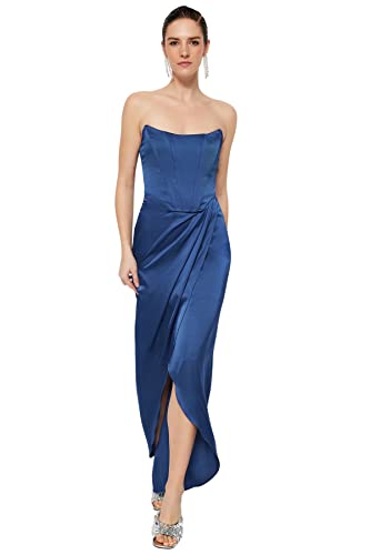 Trendyol Damen Wickelkleid, Normale Passform, Maxi Wrapover Regular Fit gewebtes Abendkleid, Indigo, 38 von TRENDYOL