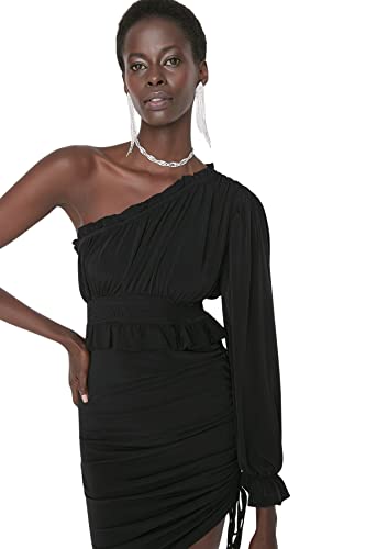 TRENDYOL Damen Mini Bodycon Regular Dress Kleid Schwarz-weißes Minikleid mit asymmetrischem Kragen, Schwarz, 38 von TRENDYOL
