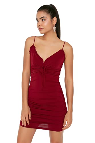 TRENDYOL Damen Mini Bodycon Regular Dress Kleid Schwarz-weißes Minikleid mit asymmetrischem Kragen, Burgundy, 40 von TRENDYOL
