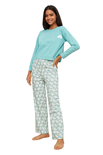 TRENDYOL Damen Mint Printed Knitted Pyjama Kit Pajama Set, Mint, L EU von TRENDYOL