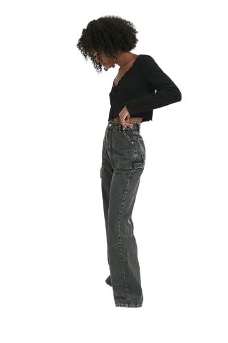 TRENDYOL Damen Mobile Detaillierte Hohe Taille 90er Jahre Breite Beinjeans Jeans, Anthrazit, 40 EU von TRENDYOL