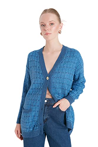 Trendyol Damen Woman Oversize Standard V-Neck Knitwear Cardigan Pullover, blau, L von TRENDYOL