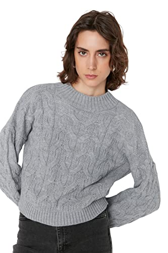 TRENDYOL Damen Patterned Jumper With High Neckline Sweatshirt, Grau, L EU von TRENDYOL