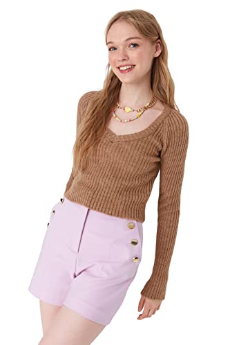 TRENDYOL Damen Plain Scoop Neck Jumper Sweatshirt, Camelfarben, L EU von TRENDYOL