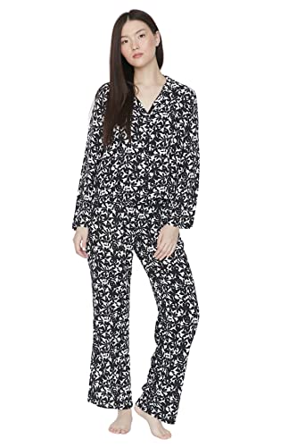 TRENDYOL Damen Print Mitte Webstoff Hemd-Hose Pyjama Pajama Set, Black-White, 34 (2er Pack) von TRENDYOL