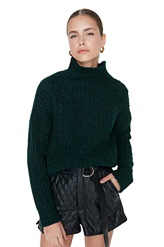 TRENDYOL Damen Pullover Mit Stehkragen Und Zopfmuster Sweatshirt, Grün, M EU von TRENDYOL