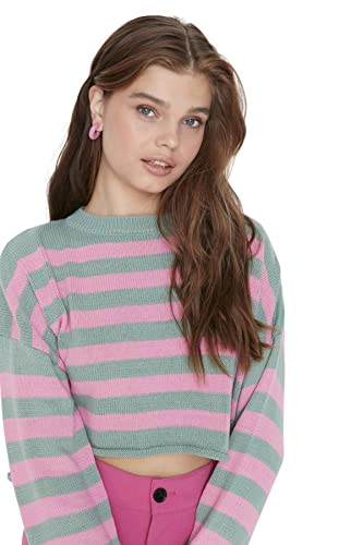 TRENDYOL Damen Pullover With Crew Neck, Colour Block Cut Sweatshirt, Grün, L EU von TRENDYOL