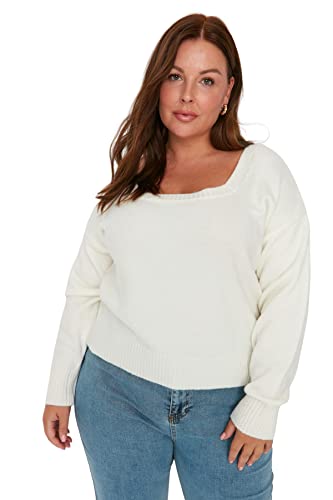 TRENDYOL Damen Pullover mit Quadratischem Kragen, Einfarbig, Regulär, Übergröße Sweatshirt, Cremefarben, XXL EU von TRENDYOL