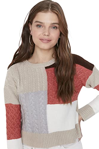 TRENDYOL Damen Pullover mit Rundhalsausschnitt, Colorblock-Schnitt Sweatshirt, Beige, M von TRENDYOL