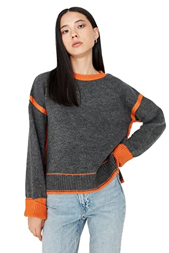TRENDYOL Damen Pullover mit Rundhalsausschnitt, Colorblock-schnitt Sweatshirt, Anthracite, M EU von TRENDYOL