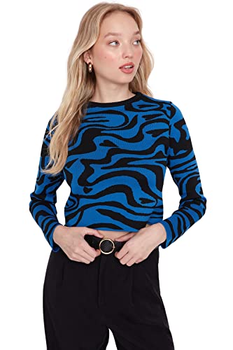 TRENDYOL Damen Pullover mit Rundhalsausschnitt und Tiermuster Sweatshirt, Blau, L von TRENDYOL