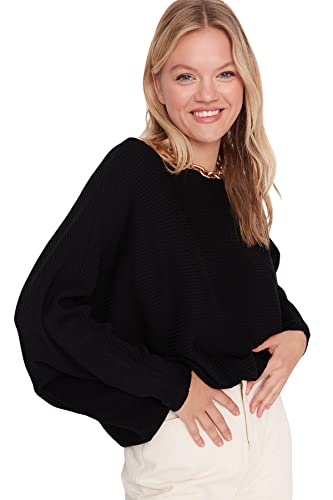 Trendyol Damen Pullover mit U-Boot-Ausschnitt, einfarbig Sweatshirt, Schwarz, S von TRENDYOL