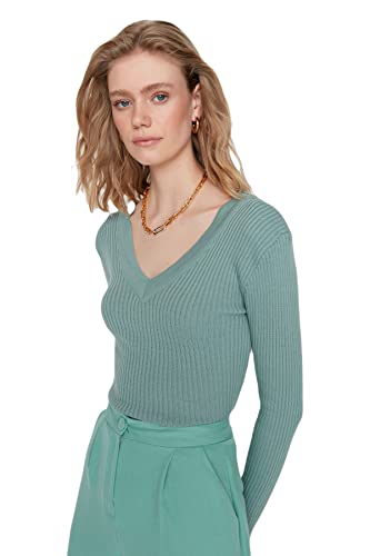 TRENDYOL Damen Pullover mit U-ausschnitt, Einfarbig Sweatshirt, Mint, M EU von TRENDYOL
