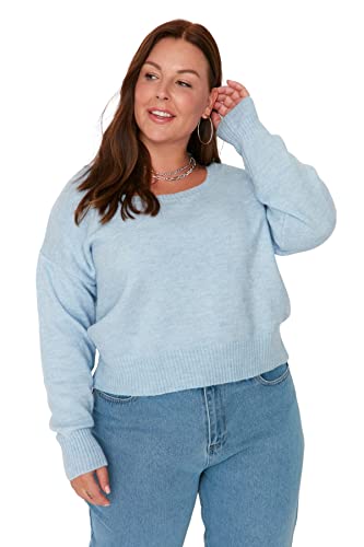 Trendyol Damen Pullover mit quadratischem Kragen, einfarbig, regulär, Übergröße Sweatshirt, hellblau, 52 von TRENDYOL