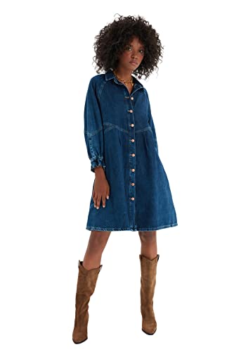 Trendyol Damen Regular A-Linie Reverskragen Denim Kleid, blau, 38 von TRENDYOL